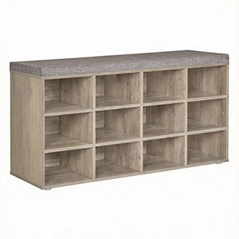 12-Cubby Adjustable Shoe Bench with Padded Seat for Entryway Storage