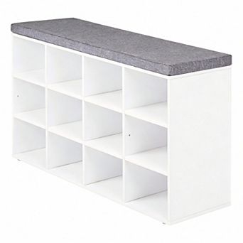 12-Cubby Adjustable Shoe Bench with Padded Seat for Entryway Storage