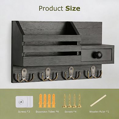 Wooden Key & Mail Organizer with Drawer and Shelf, 8 Hooks, 2 Install Methods