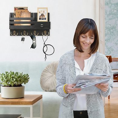 Wooden Key & Mail Organizer with Drawer and Shelf, 8 Hooks, 2 Install Methods