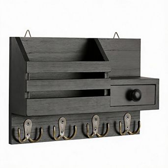 Wooden Key & Mail Organizer with Drawer and Shelf, 8 Hooks, 2 Install Methods