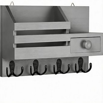 Wooden Key & Mail Organizer with Drawer and Shelf, 8 Hooks, 2 Install Methods