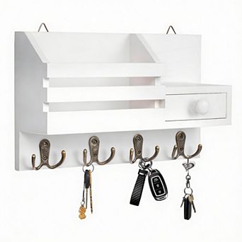 Wooden Key & Mail Organizer with Drawer and Shelf, 8 Hooks, 2 Install Methods