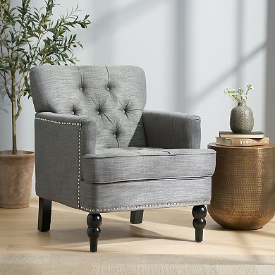 Harrison Tufted Club Chair with Button Tufting and Nailhead Trim in Charcoal Fabric