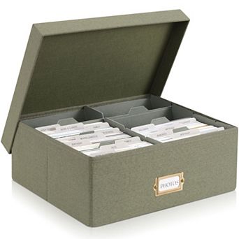 ZICOTO Decorative Photo Storage Box Linen Organizer with Lid & Dividers for 1700 4x6 Photos