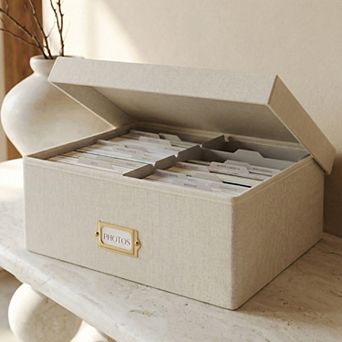 ZICOTO Decorative Photo Storage Box Linen Organizer with Lid & Dividers for 1700 4x6 Photos