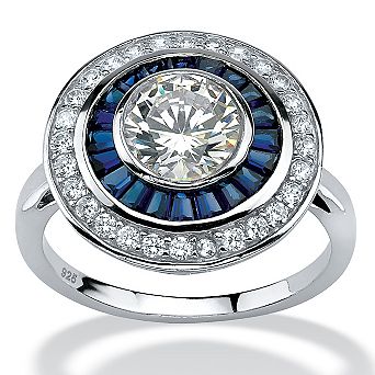 PalmBeach Jewelry 3.46 TCW Round CZ and Sapphire Circle Ring in Platinum-plated Sterling Silver