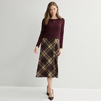 Women's Studio Connection Mock Popover Rib Knit Top & Plaid Skirt Dress