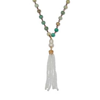 PalmBeach Jewelry Genuine Green Amazonite Goldtone Beaded Tassel Necklace 34-inch