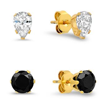 Steeltime Ladies 18k gold plated stainless steel black/white simulated pear/round diamond studs set