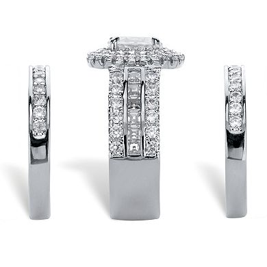 PalmBeach Jewelry 3.55 Cttw. Oval CZ Platinum-plated Silver 3-Piece Double Halo Wedding Ring Set