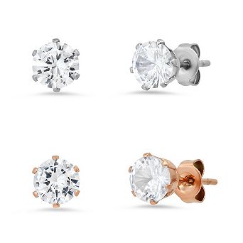 Steeltime Ladies stainless steel and 18k rose gold plated simulated diamonds stud earrings set