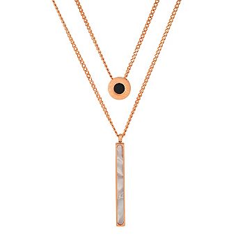Steeltime 24" 18k rose gold plated stainless steel double layered dog tag and round onyx necklace