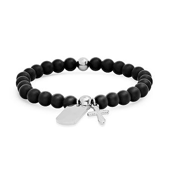 Steeltime Men's black lava and stainless steel beaded bracelet with cross and dog tag charms