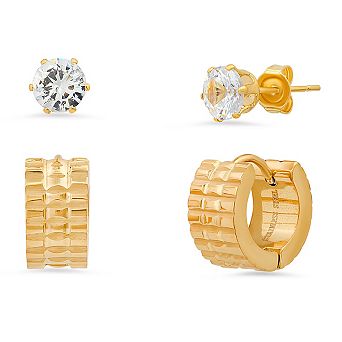 Steeltime Ladies 2 pc 18k gold plated stainless steel sim diamond studs & diamond cut huggie earrings