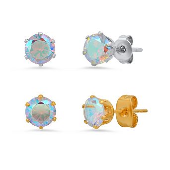 Steeltime Ladies 2 pc stainless steel and 18k gold plated simulated rainbow diamond stud earrings