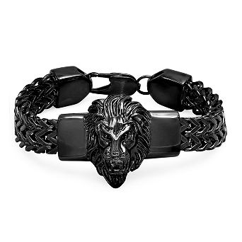 Steeltime Men's Black IP plated stainless steel lion head box chain bracelet