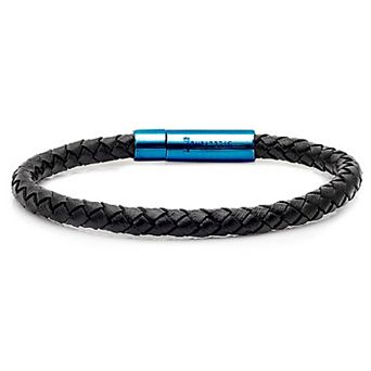 Steeltime Men's black braided leather and stainless steel bracelet