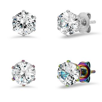 Steeltime Ladies set of 2 pc stainless steel and multi simulated diamond stud earrings