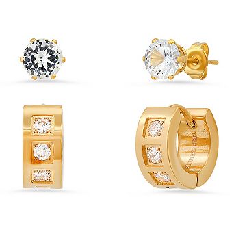 Steeltime Ladies 2 pc 18k gold plated stainless steel and sim diamond cross studs/huggie earrings