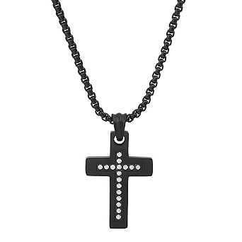 Steeltime 24" black ip stainless steel and simulated diamonds cross pendant