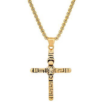 Steeltime 24" 18k gold plated stainless steel lion head cross pendant
