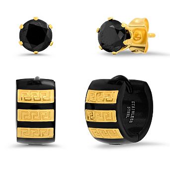 Steeltime 2 pc Men's black and 18k gold plated stainless steel sim diamond stud and Greek key huggie