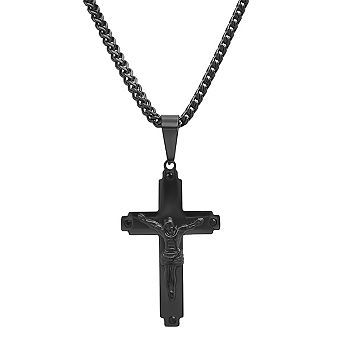 Steeltime 24" black ip stainless steel cross with simulated black diamonds pendant