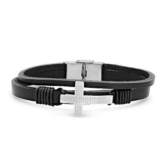 Steeltime Men's black leather and stainless steel cross with Our Father prayer bracelet