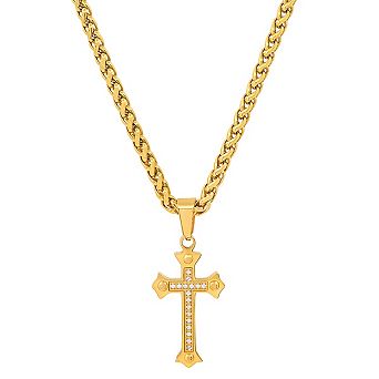 Steeltime 24" 18k gold plated stainless steel and simulated diamonds cross pendant