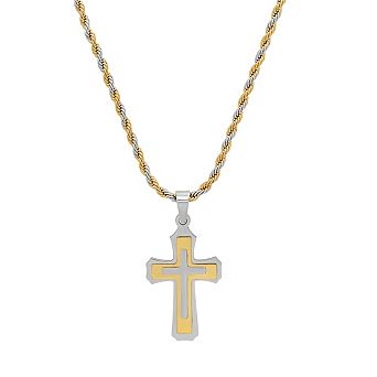 Steeltime 24" two tone stainless steel and 18k gold plated cross pendant
