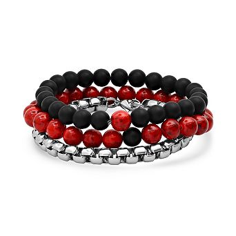 Steeltime Men's 3 pc set black lava, red agate and round box link bracelets