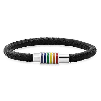 Steeltime Men's black braided leather bracelet with stainless and multicolored enamel magnetic clasp