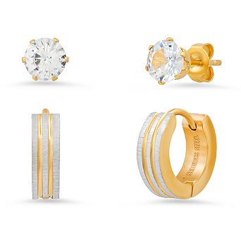 Steeltime Ladies 2 pc 18k gold plated stainless steel sim diamond studs & diamond cut huggie earrings