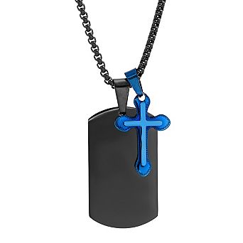 Steeltime 24" two tone black and blue ip stainless steel cross/dog tag pendant