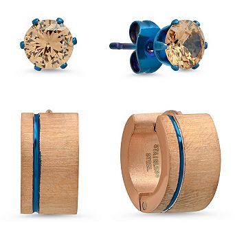 Steeltime 2 pc Men's two tone blue & 18k rose gold stainless steel huggies/sim diamond stud earrings