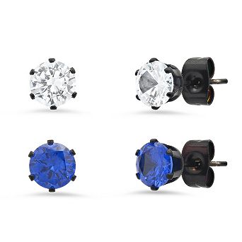 Steeltime Men's 2 pc set black ip stainless steel white & blue simulated black diamonds stud earrings