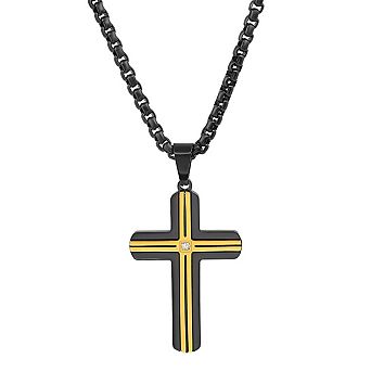 Steeltime 24" two tone black ip and stainless steel with simulated diamond cross pendant