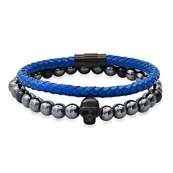 Steeltime Men's 2 pc hematite & black stainless steel and blue leather/black stainless steel bracelet
