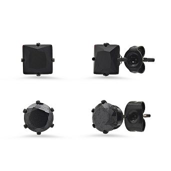 Steeltime Men's 2 pc black stainless steel princess & round cut simulated black diamond stud earrings