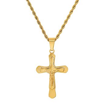Steeltime 24" 18k gold plated stainless steel double crucifix pendant