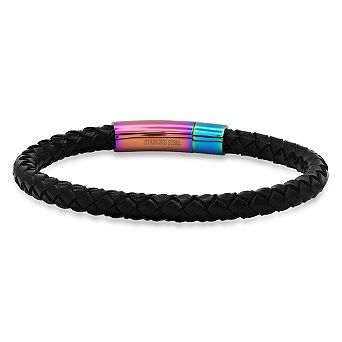 Steeltime Men's black braided leather and stainless steel bracelet