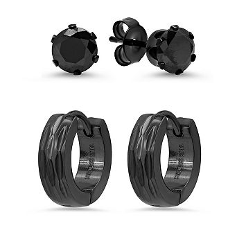 Steeltime Ladies black stainless steel diamond cut huggie and simulated diamonds stud earrings set