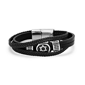Steeltime Men's black layered braided leather bracelet with Star of David and black rubber accents