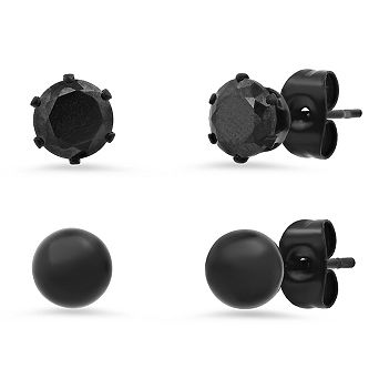 Steeltime Men's black ip stainless steel simulated black diamonds stud earrings 2 pc set