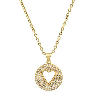 Steeltime 24" 18k gold plated brass simulated diamonds round heart pendant
