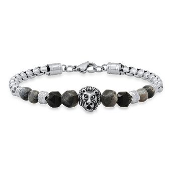 Steeltime Men's Stainless Steel Curb Chain Link Bracelet And Black/gray Agate Stones With Lion Charm