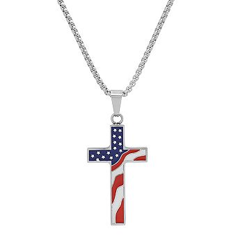 Steeltime 24" stainless steel and red, white, red enamel american flag cross pendant