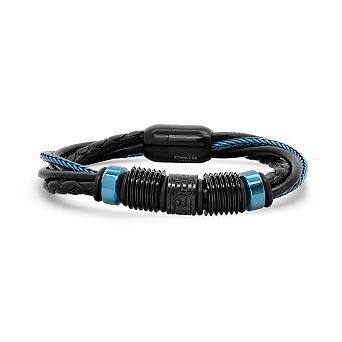 Steeltime Men's black braided leather and black/blue stainless steel greek key beads bracelet
