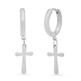 Steeltime Ladies stainless steel religious dangling charm cross huggie earrings